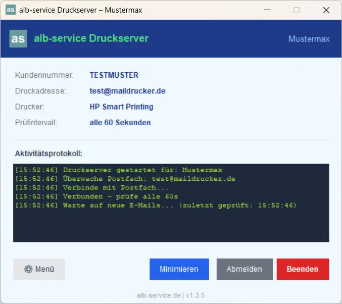 alb-service Druckserver – Benutzeroberfläche